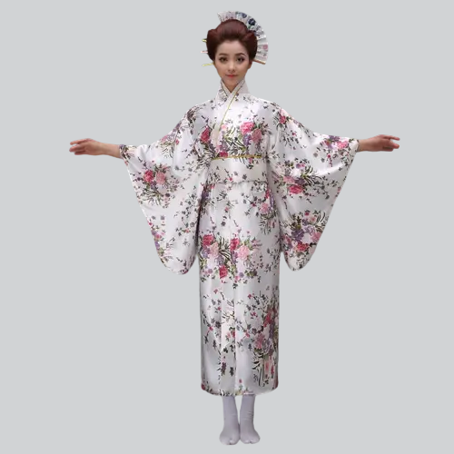 Kimono japonais traditionnel avec motif floral blanc et rose.