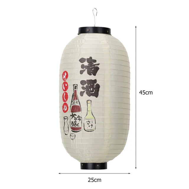 Lanterne en papier blanc sur laquelle sont peints des motifs et des personnages de bouteilles de saké japonaises.