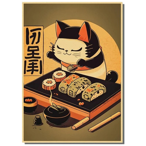 Affiche Japonaise  Chat Sushis