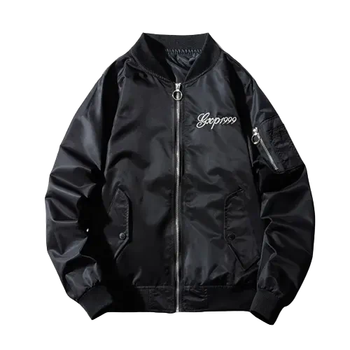 Blouson bombardier noir avec texte brodé ’Jspooo’ et poches zippées.