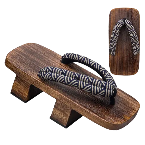Geta Sandales Japonaises couleurs bois , matière bois , motifs brodé blanc et noir