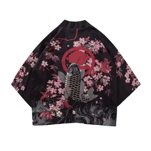 Haori Japonais kimono noir a fleur