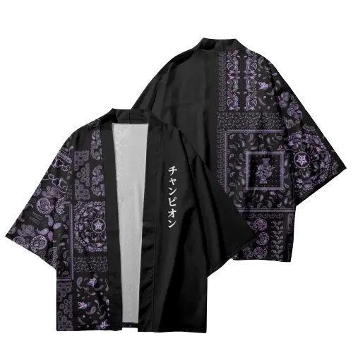 Haori Traditionnel japonais kimono noir kanji