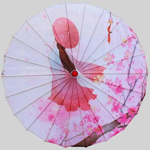 Parasol traditionnel asiatique en papier avec des décorations de fleurs de cerisier roses.