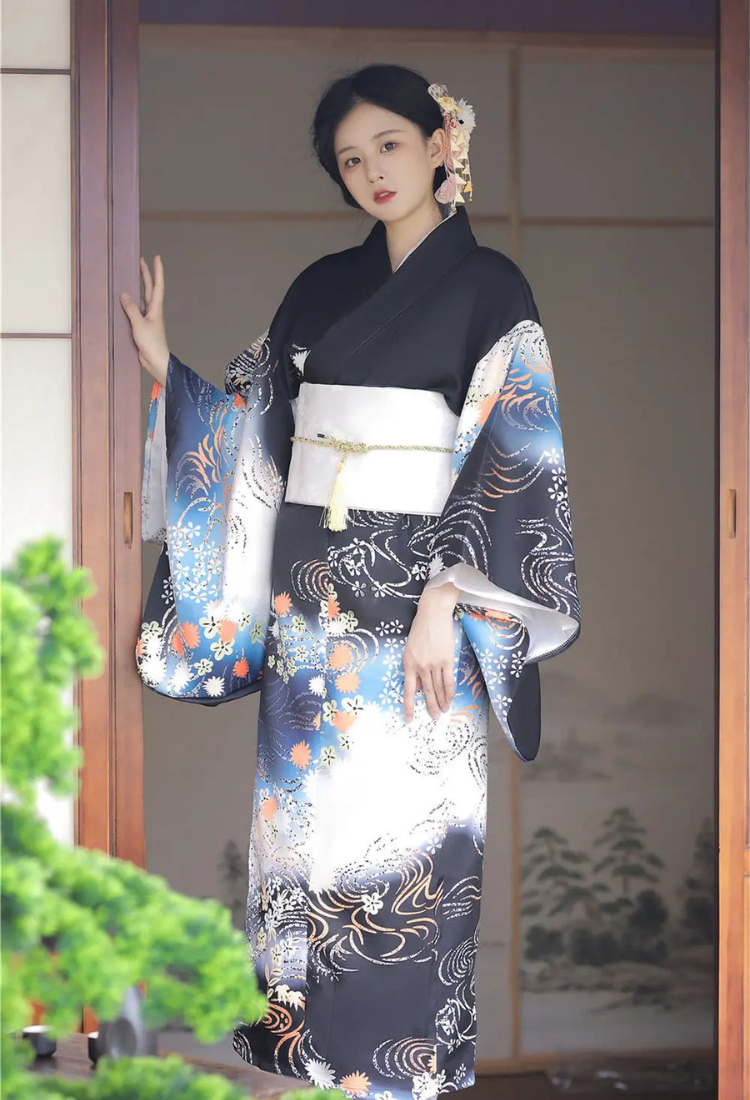 Kimono japonais femme traditionnel noir | funabashi