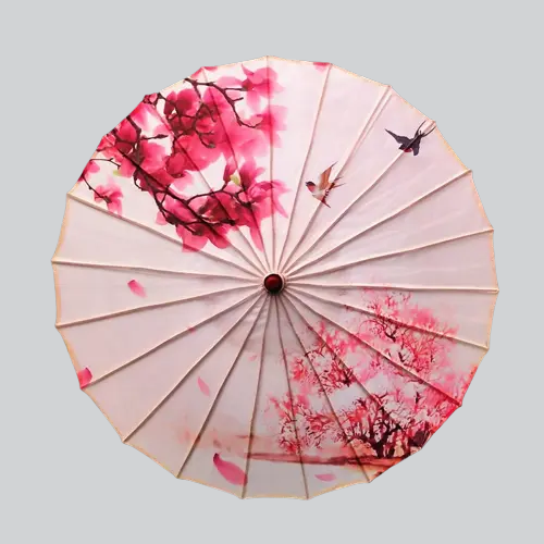 Parasol traditionnel en papier décoré de fleurs de cerisier roses et d’oiseaux.