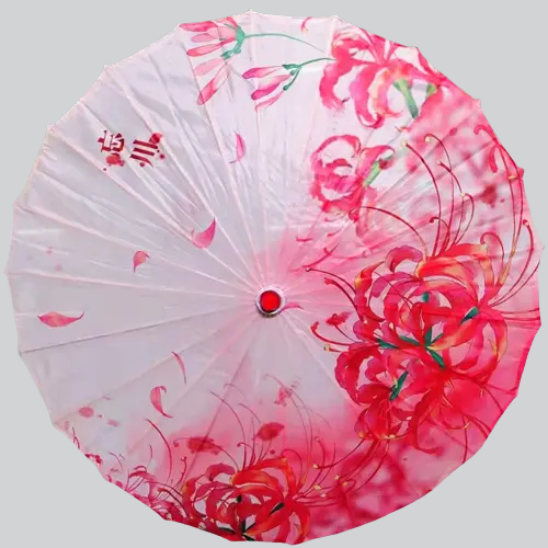 Parasol en papier blanc décoré de motifs floraux roses.