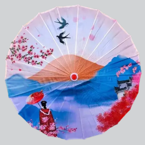 Parasol japonais en papier décoré d’une peinture représentant des cerisiers en fleurs, des oiseaux, des montagnes et une figure traditionnelle.