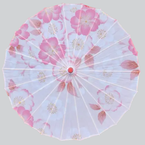 Parasol en papier avec motif floral rose sur fond blanc.