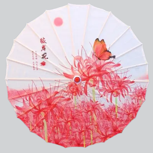 Parasol en papier blanc décoré de fleurs rouges et d’un papillon dans le style artistique traditionnel chinois.