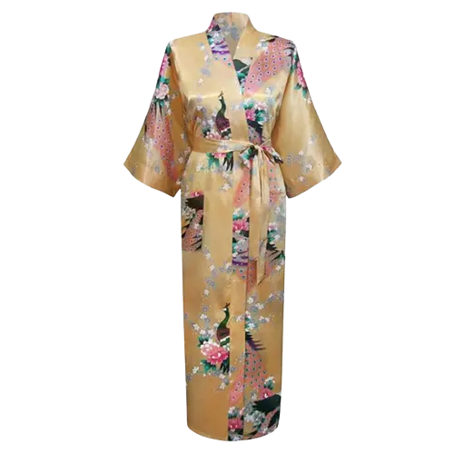 Robe De Soirée Japonaise couleurs ambre avec des motif de fleurs 