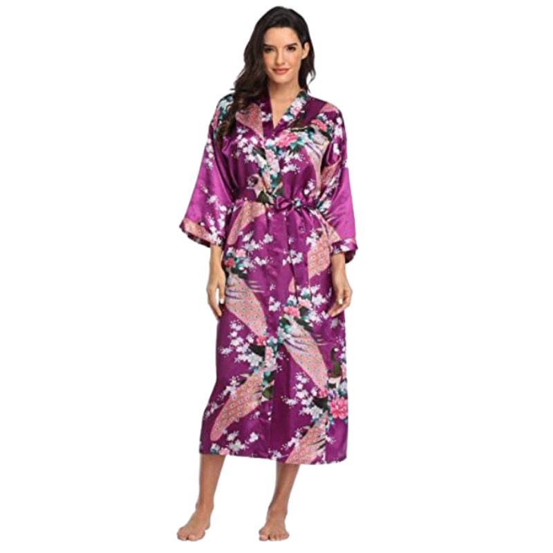 Peignoir kimono en soie florale violette avec lien à la taille.