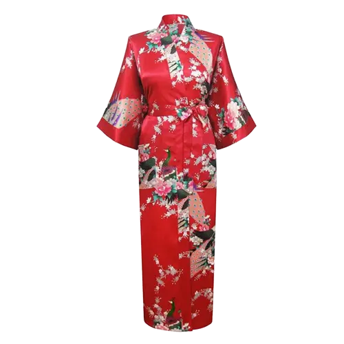 Robe Japonaise Kimono rouge avec des motifs noir rose de fleurs