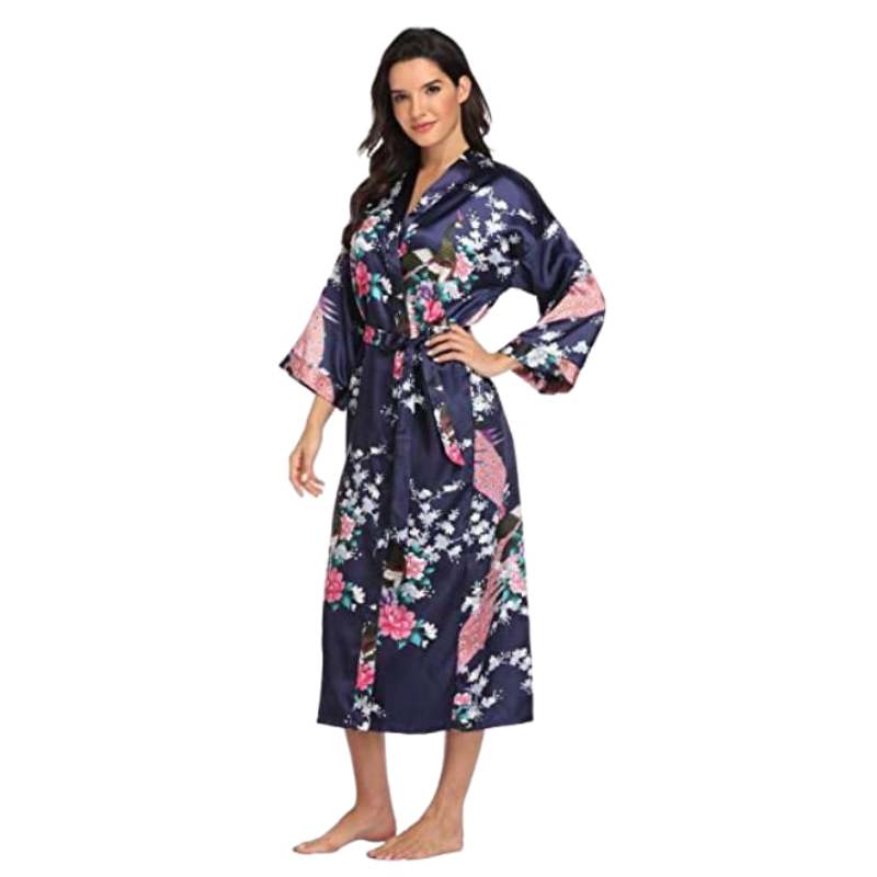 Peignoir de style kimono à fleurs bleu marine avec imprimé paon rose et manches larges.