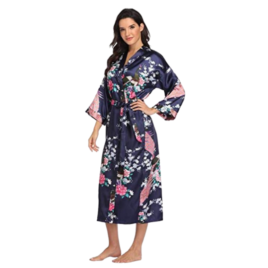 Peignoir de style kimono à fleurs bleu marine avec imprimé paon rose et manches larges.