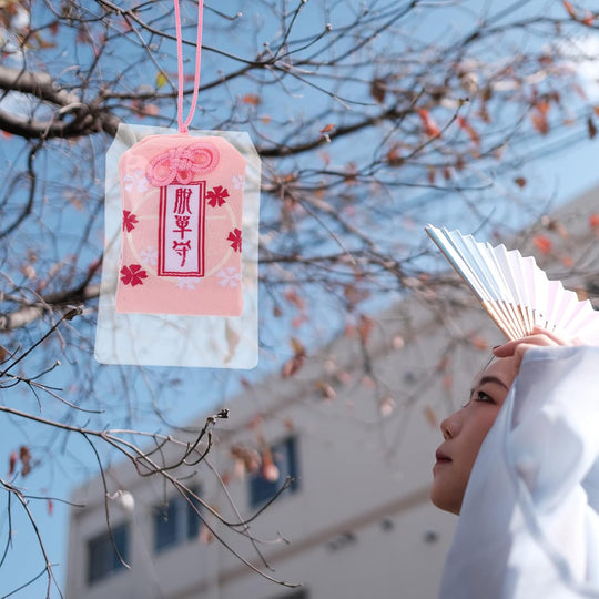 Omamori (breloque/amulette) japonais rose suspendu à une branche de cerisier en fleurs.