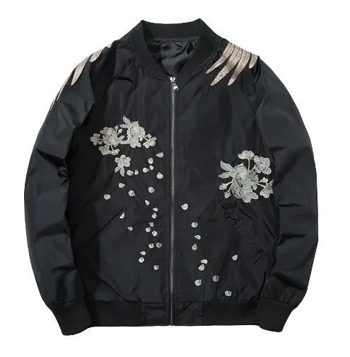 Blouson bombardier noir avec broderie florale argentée et accents sur les épaules.