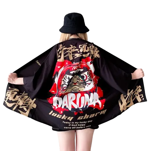 Veste Kimono Noire Femme japonais motif daruma
