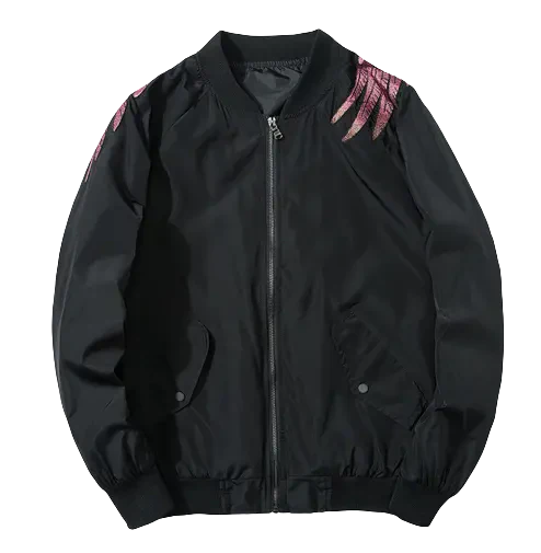 Blouson bombardier noir avec des accents roses sur les épaules.